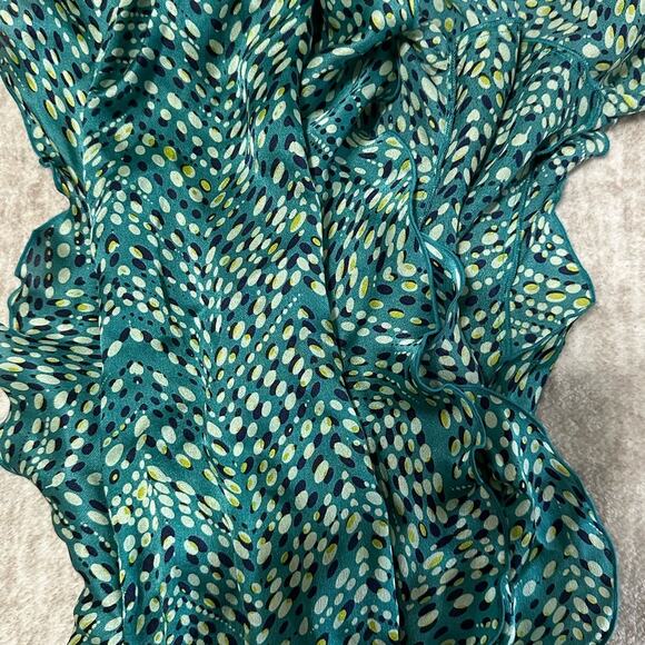 Green Multi Colored Geometric Silky Ruffle Trimmed Lightweight Scarf - Picture 3 of 5
